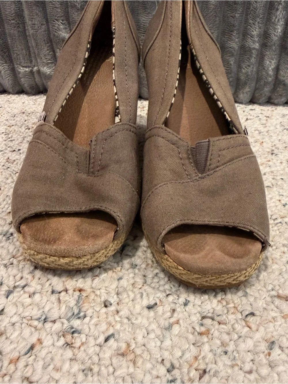 TOMS Taupe Canvas Peep-Toe Espadrille Wedges Size 8